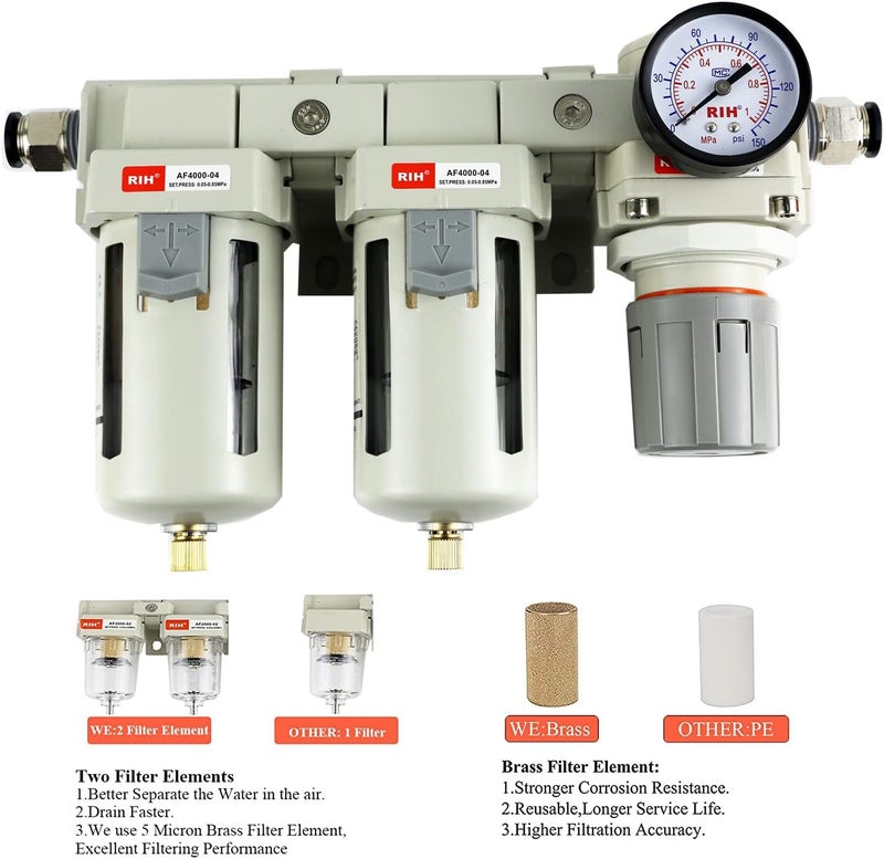 RIH Store Pneumatics DFR-04 1/2'' NPT Compressed Air Double Filter & Regulator, Air Drying System, Air Compressor Water Separator, Semi -Auto Drain, Poly Bowl,0-150 psi Gauge, 5 Micron Brass Element - Image 3